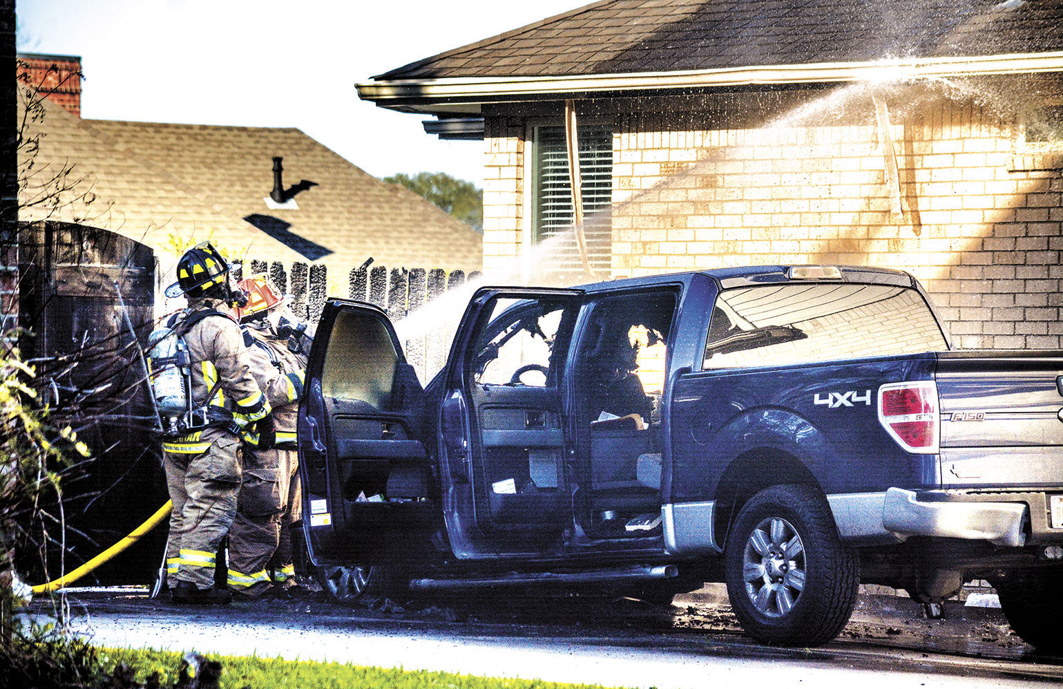 Truck engine catches fire